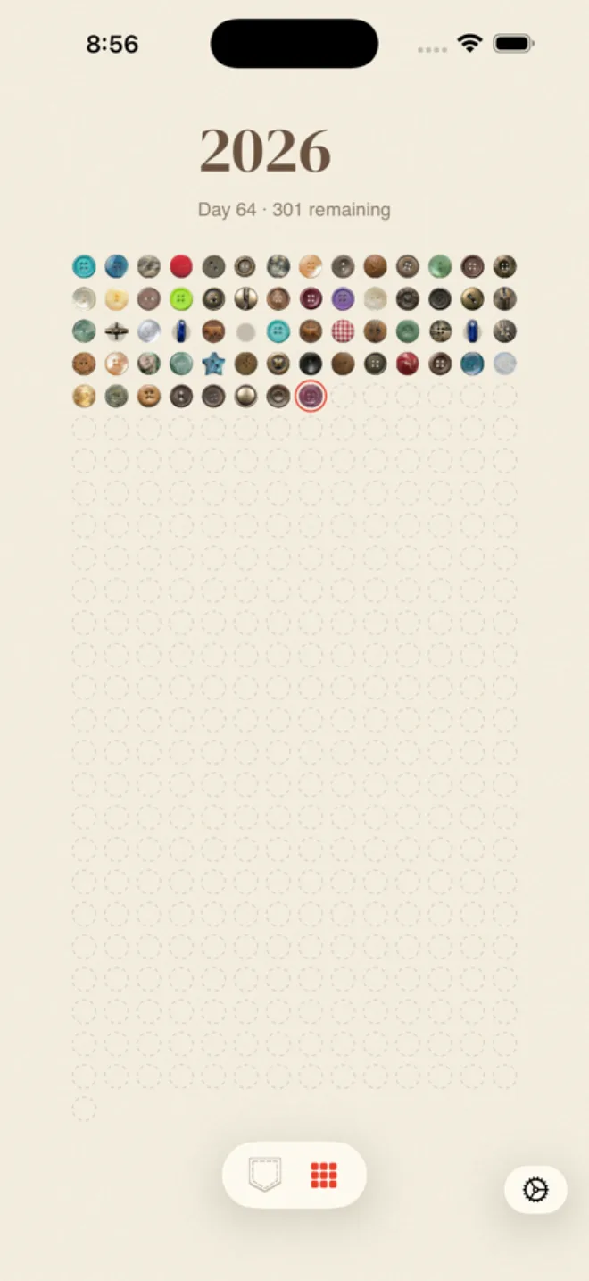 365 Buttons Grid view showing day 64 of the year and 301 days remaining