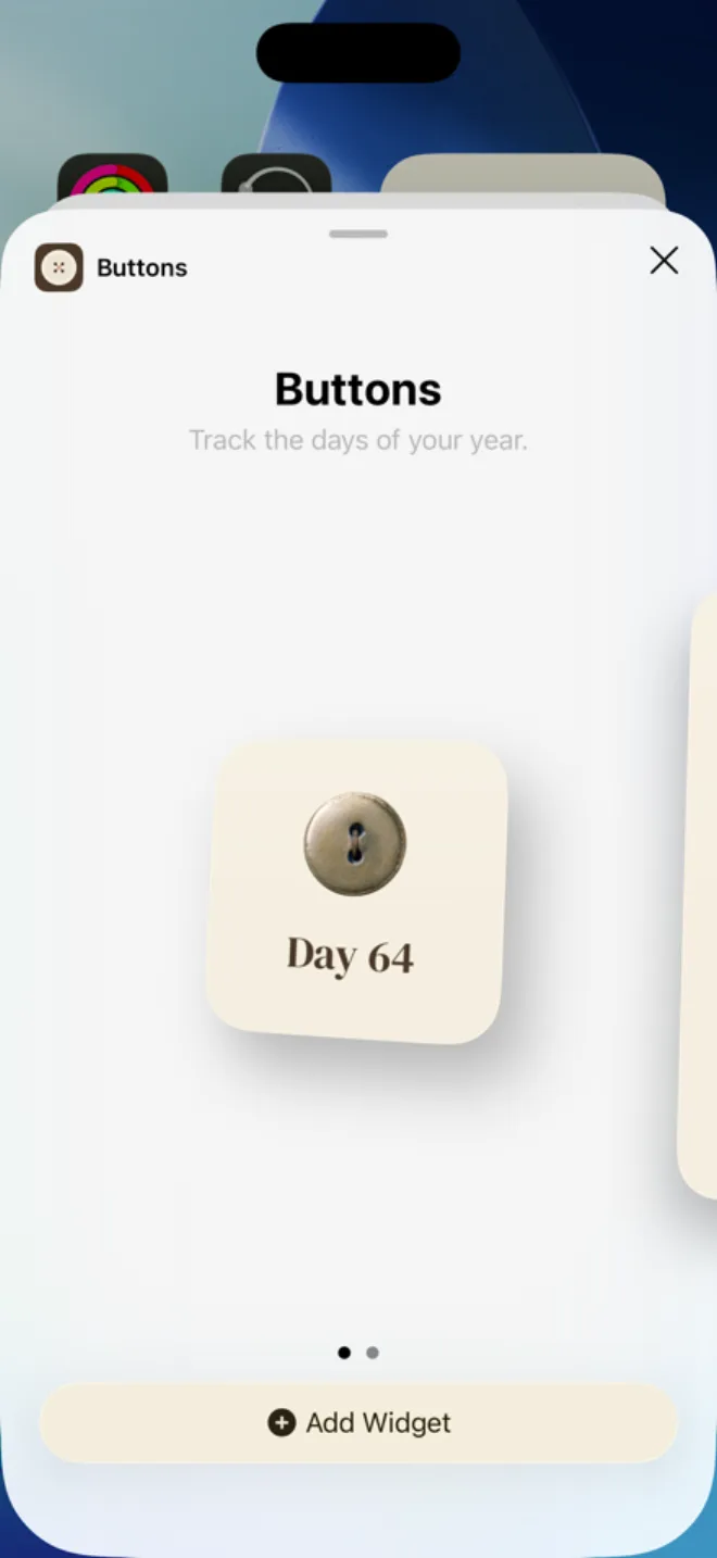 iPhone widget picker showing the Buttons day counter widget and Add Widget button